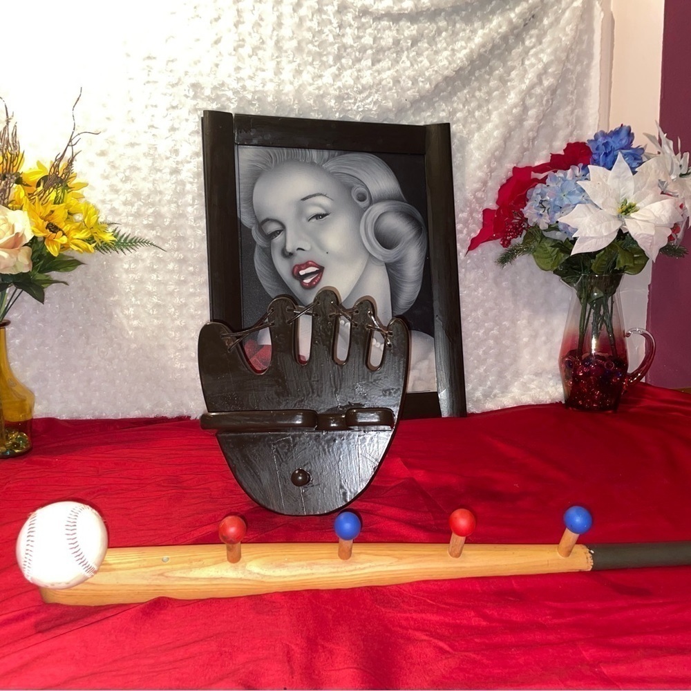 HAND CRAFTED GLOVE BAT AND BALL COAT RACK FOR KIDS OR A KID AT HEART